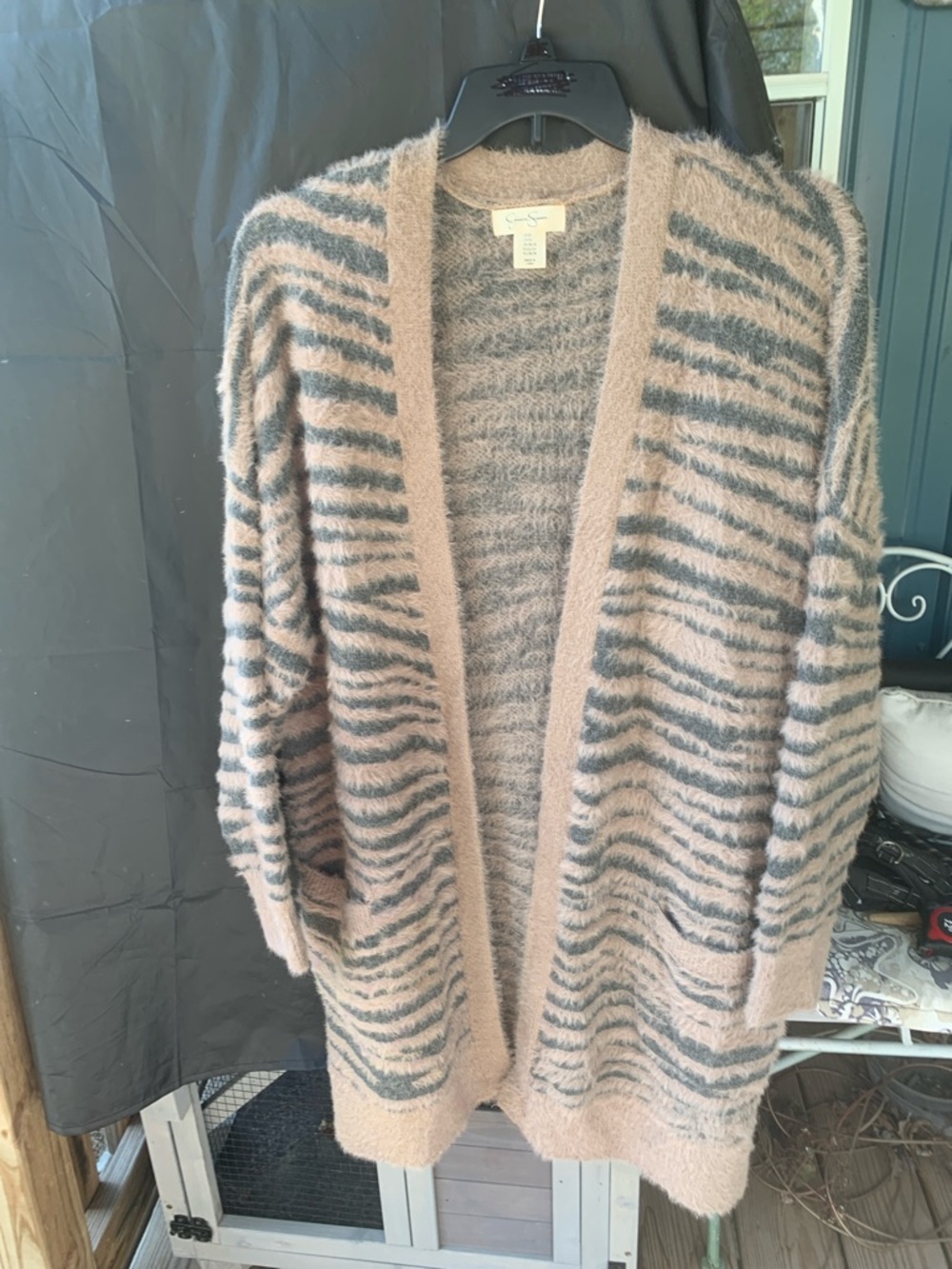 Jessica Simpson Fuzzy Open-Front Zebra Cardigan - Beige and Gray